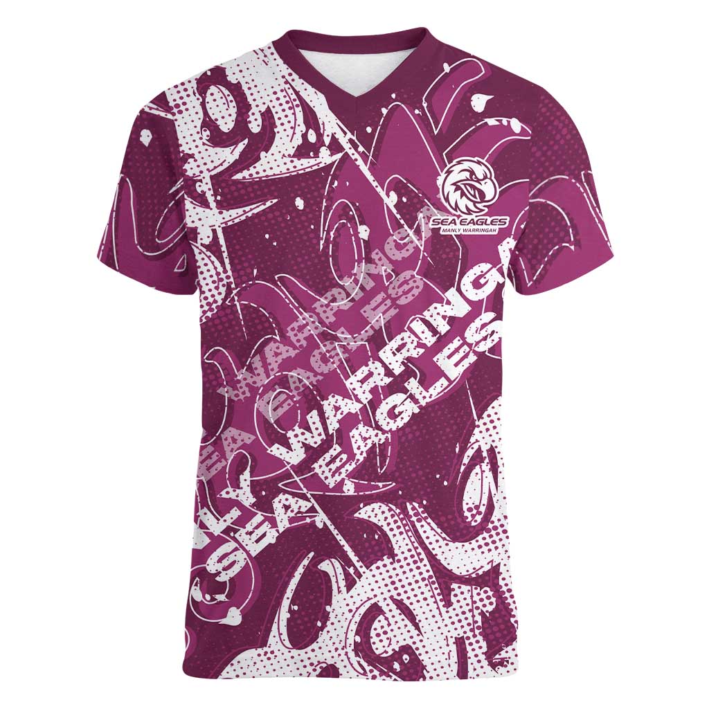 Personalized Manly Warringah Sea Eagles Rugby Women V-Neck T-Shirt Urban Street Graffiti Style - Distressed Splatter Elements