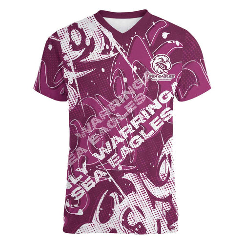 Personalized Manly Warringah Sea Eagles Rugby Women V-Neck T-Shirt Urban Street Graffiti Style - Distressed Splatter Elements