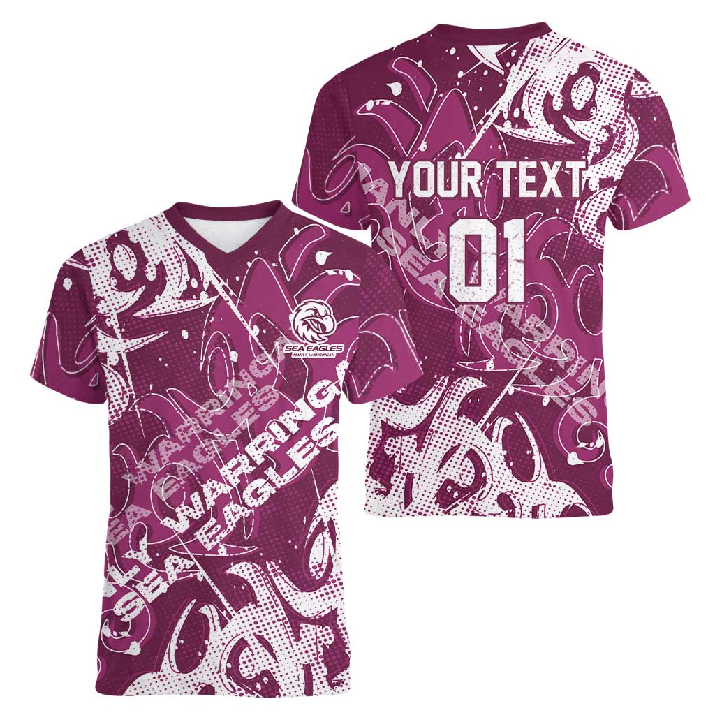 Personalized Manly Warringah Sea Eagles Rugby Women V-Neck T-Shirt Urban Street Graffiti Style - Distressed Splatter Elements