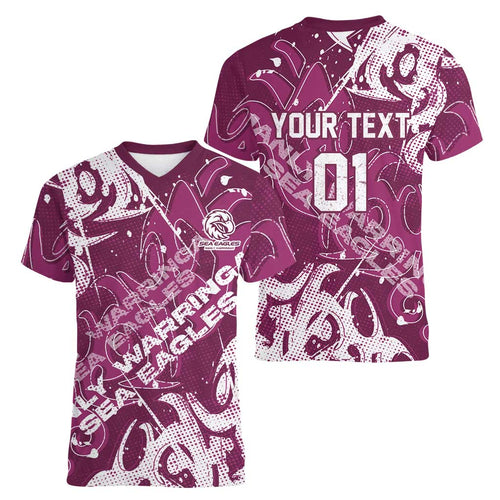 Personalized Manly Warringah Sea Eagles Rugby Women V-Neck T-Shirt Urban Street Graffiti Style - Distressed Splatter Elements