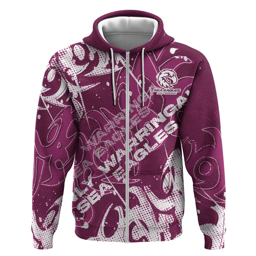 Personalized Manly Warringah Sea Eagles Rugby Zip Hoodie Urban Street Graffiti Style - Distressed Splatter Elements