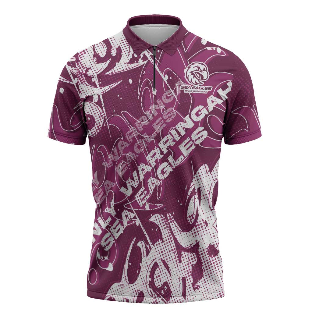 Personalized Manly Warringah Sea Eagles Rugby Zipper Polo Shirt Urban Street Graffiti Style - Distressed Splatter Elements