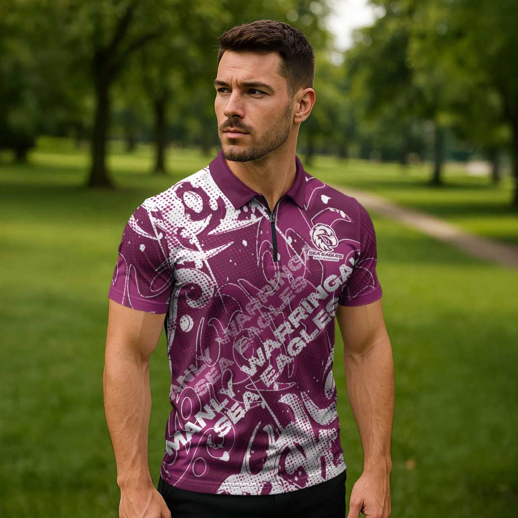 Personalized Manly Warringah Sea Eagles Rugby Zipper Polo Shirt Urban Street Graffiti Style - Distressed Splatter Elements