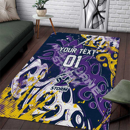 Personalized Melbourne Storm Rugby Area Rug Urban Street Graffiti Style - Distressed Splatter Elements