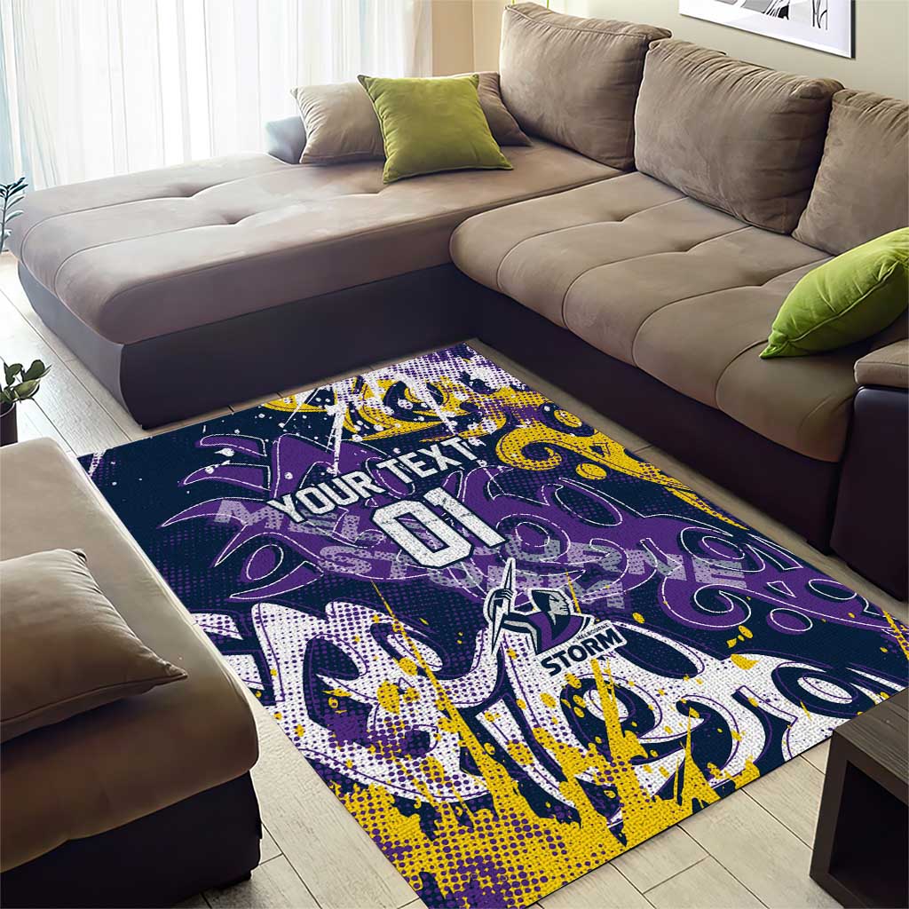 Personalized Melbourne Storm Rugby Area Rug Urban Street Graffiti Style - Distressed Splatter Elements