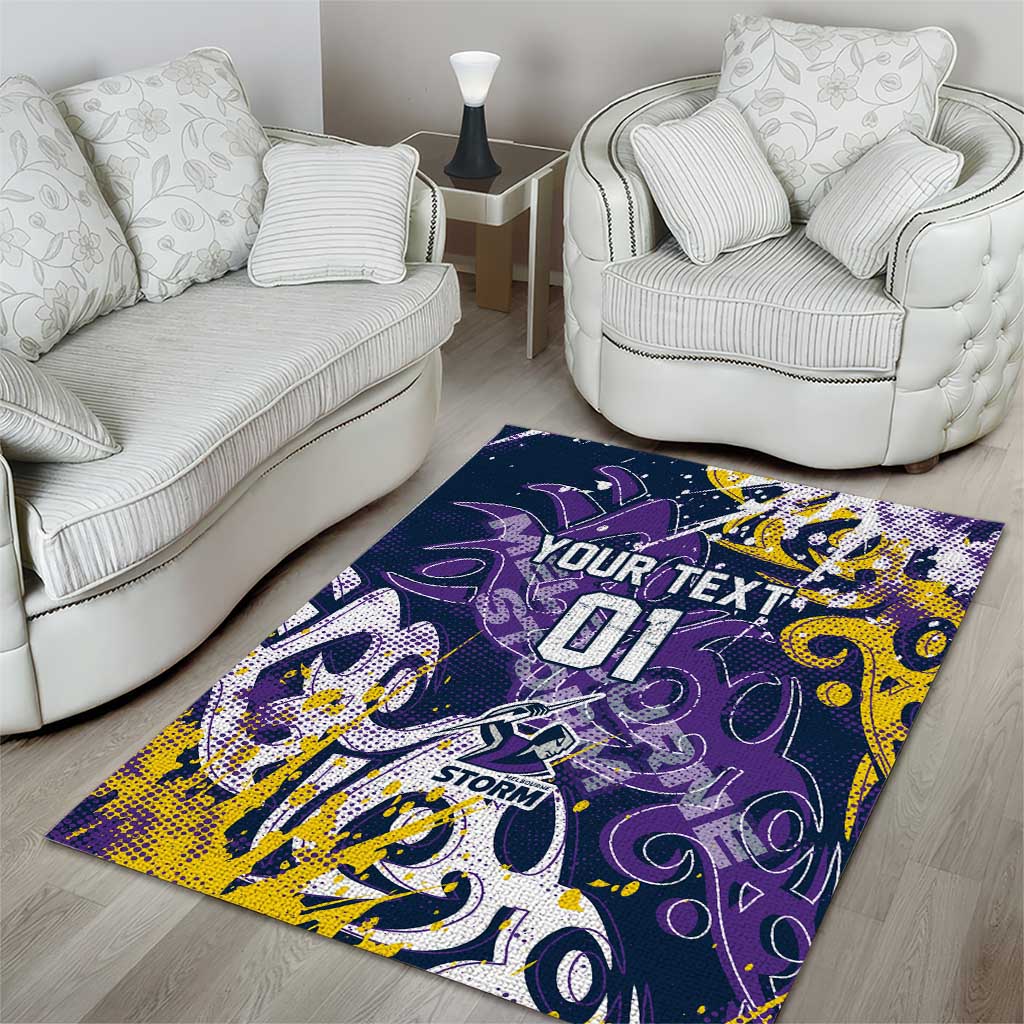 Personalized Melbourne Storm Rugby Area Rug Urban Street Graffiti Style - Distressed Splatter Elements