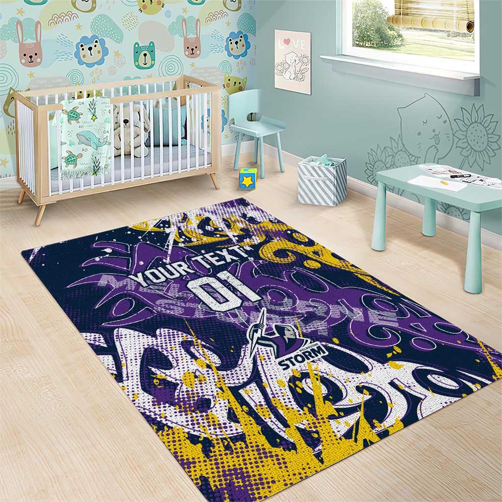 Personalized Melbourne Storm Rugby Area Rug Urban Street Graffiti Style - Distressed Splatter Elements