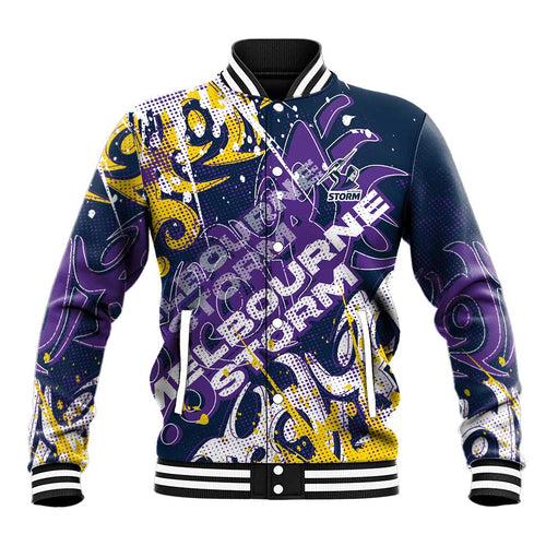 Personalized Melbourne Storm Rugby Baseball Jacket Urban Street Graffiti Style - Distressed Splatter Elements