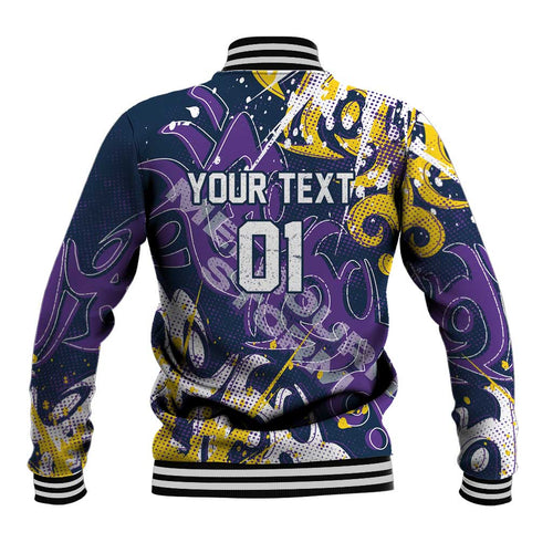 Personalized Melbourne Storm Rugby Baseball Jacket Urban Street Graffiti Style - Distressed Splatter Elements