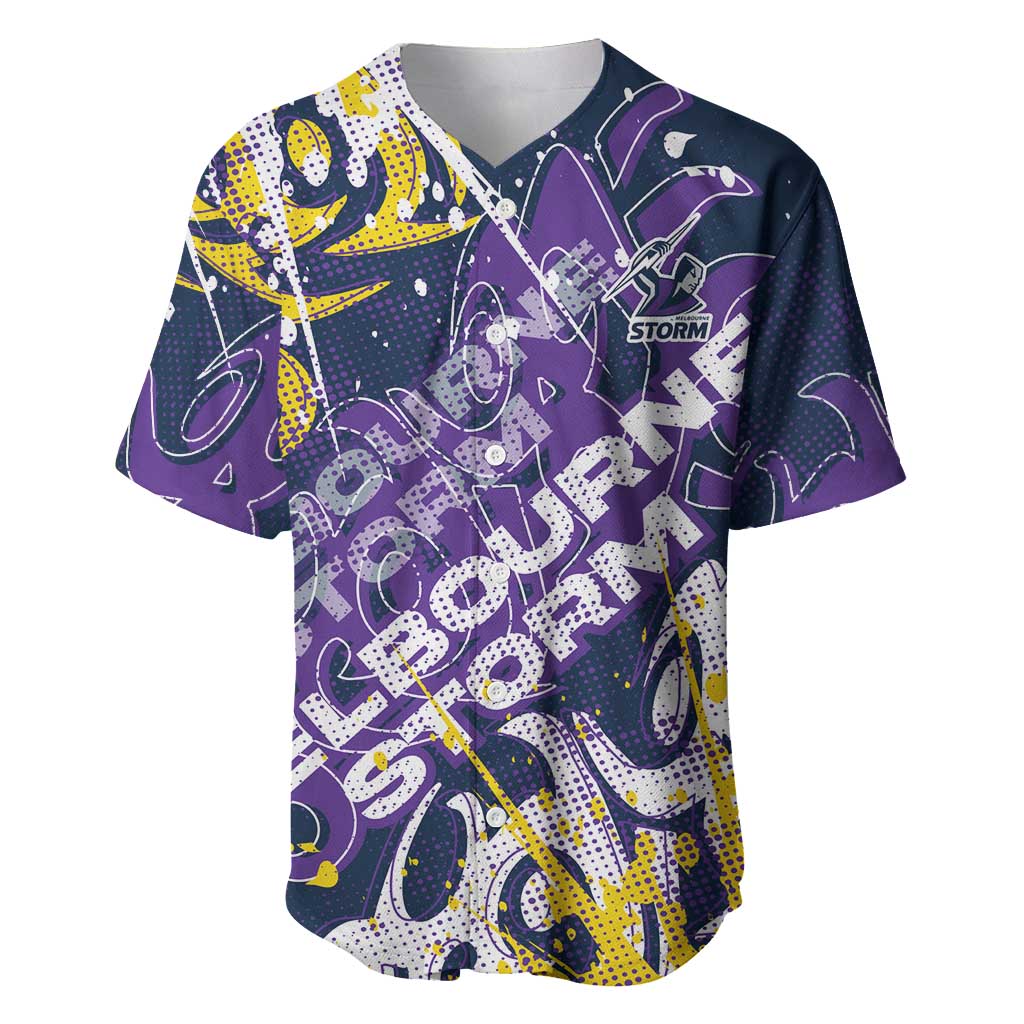 Personalized Melbourne Storm Rugby Baseball Jersey Urban Street Graffiti Style - Distressed Splatter Elements