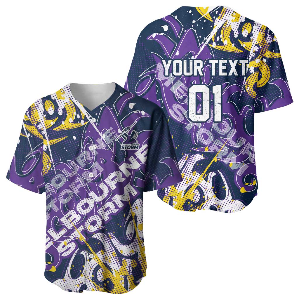 Personalized Melbourne Storm Rugby Baseball Jersey Urban Street Graffiti Style - Distressed Splatter Elements