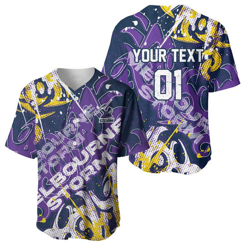 Personalized Melbourne Storm Rugby Baseball Jersey Urban Street Graffiti Style - Distressed Splatter Elements