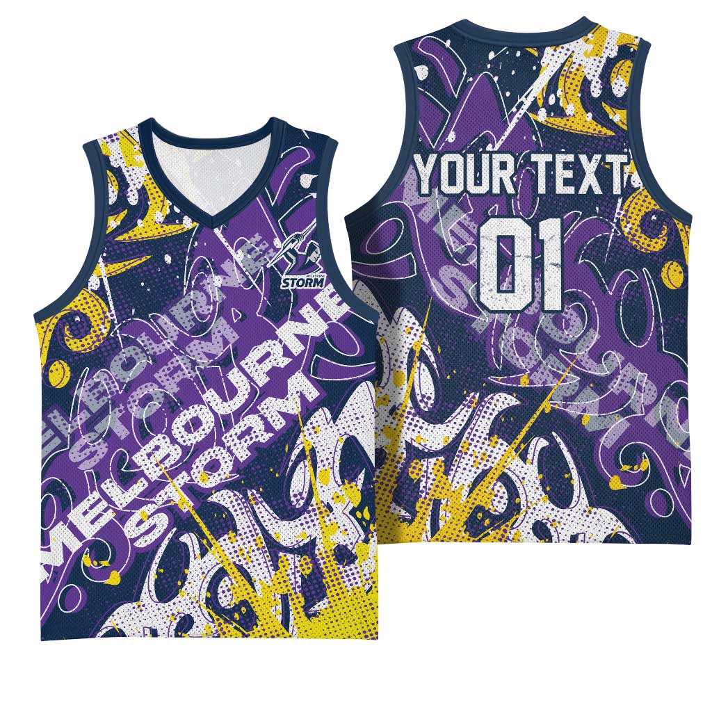 Personalized Melbourne Storm Rugby Basketball Jersey Urban Street Graffiti Style - Distressed Splatter Elements