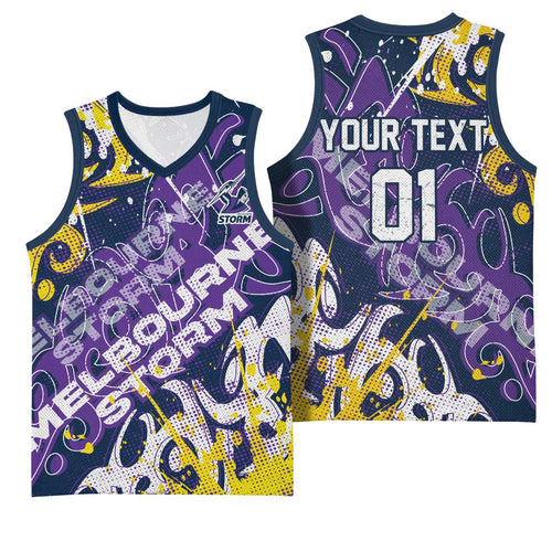 Personalized Melbourne Storm Rugby Basketball Jersey Urban Street Graffiti Style - Distressed Splatter Elements