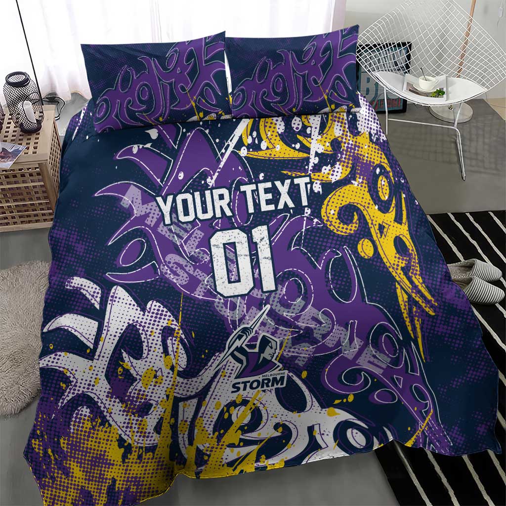 Personalized Melbourne Storm Rugby Bedding Set Urban Street Graffiti Style - Distressed Splatter Elements