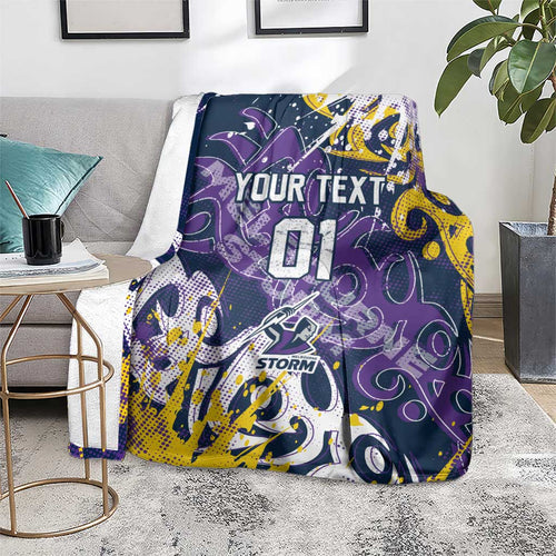 Personalized Melbourne Storm Rugby Blanket Urban Street Graffiti Style - Distressed Splatter Elements