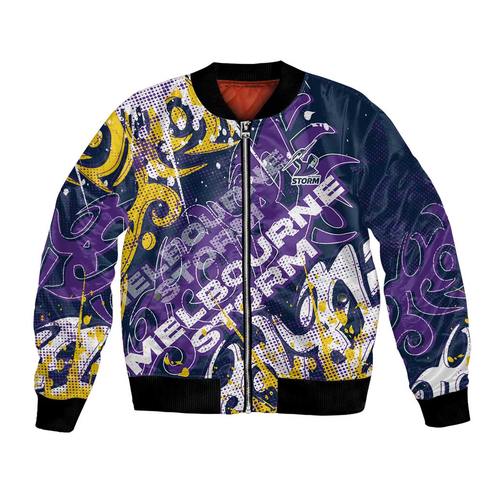 Personalized Melbourne Storm Rugby Bomber Jacket Urban Street Graffiti Style - Distressed Splatter Elements