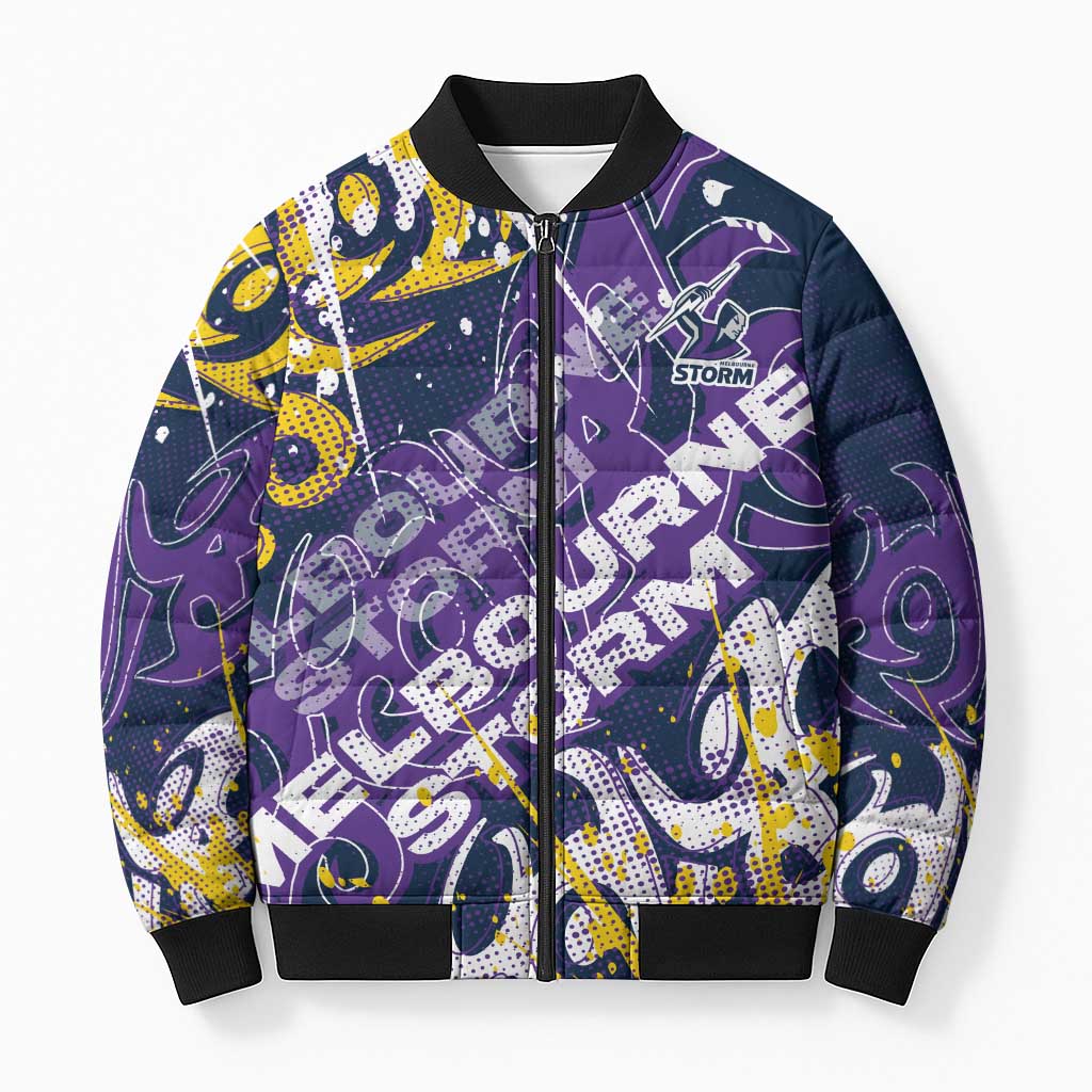 Personalized Melbourne Storm Rugby Bomber Puffer Jacket Urban Street Graffiti Style - Distressed Splatter Elements