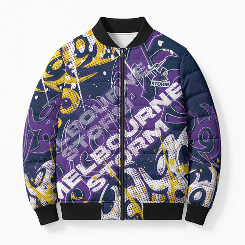 Personalized Melbourne Storm Rugby Bomber Puffer Jacket Urban Street Graffiti Style - Distressed Splatter Elements