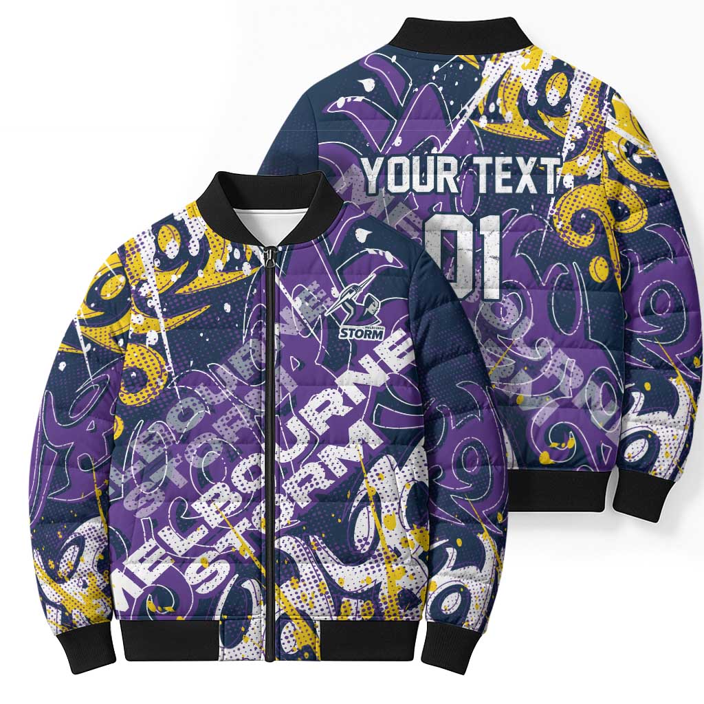 Personalized Melbourne Storm Rugby Bomber Puffer Jacket Urban Street Graffiti Style - Distressed Splatter Elements