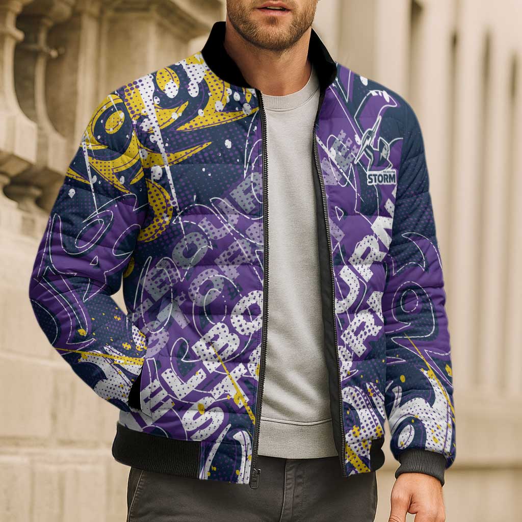 Personalized Melbourne Storm Rugby Bomber Puffer Jacket Urban Street Graffiti Style - Distressed Splatter Elements