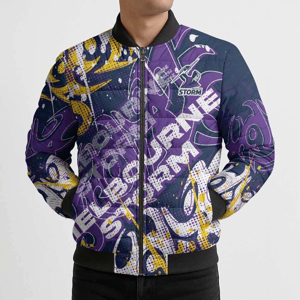 Personalized Melbourne Storm Rugby Bomber Puffer Jacket Urban Street Graffiti Style - Distressed Splatter Elements