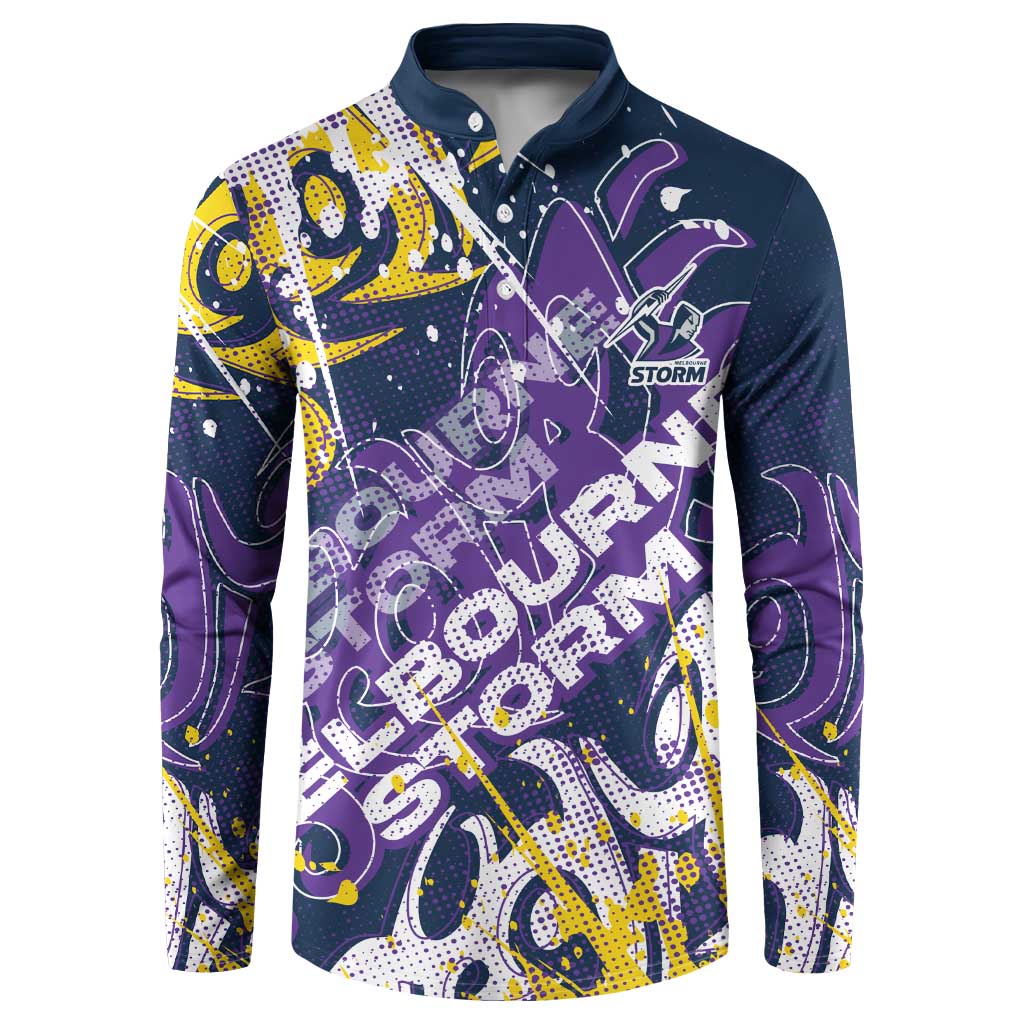Personalized Melbourne Storm Rugby Button Sweatshirt Urban Street Graffiti Style - Distressed Splatter Elements