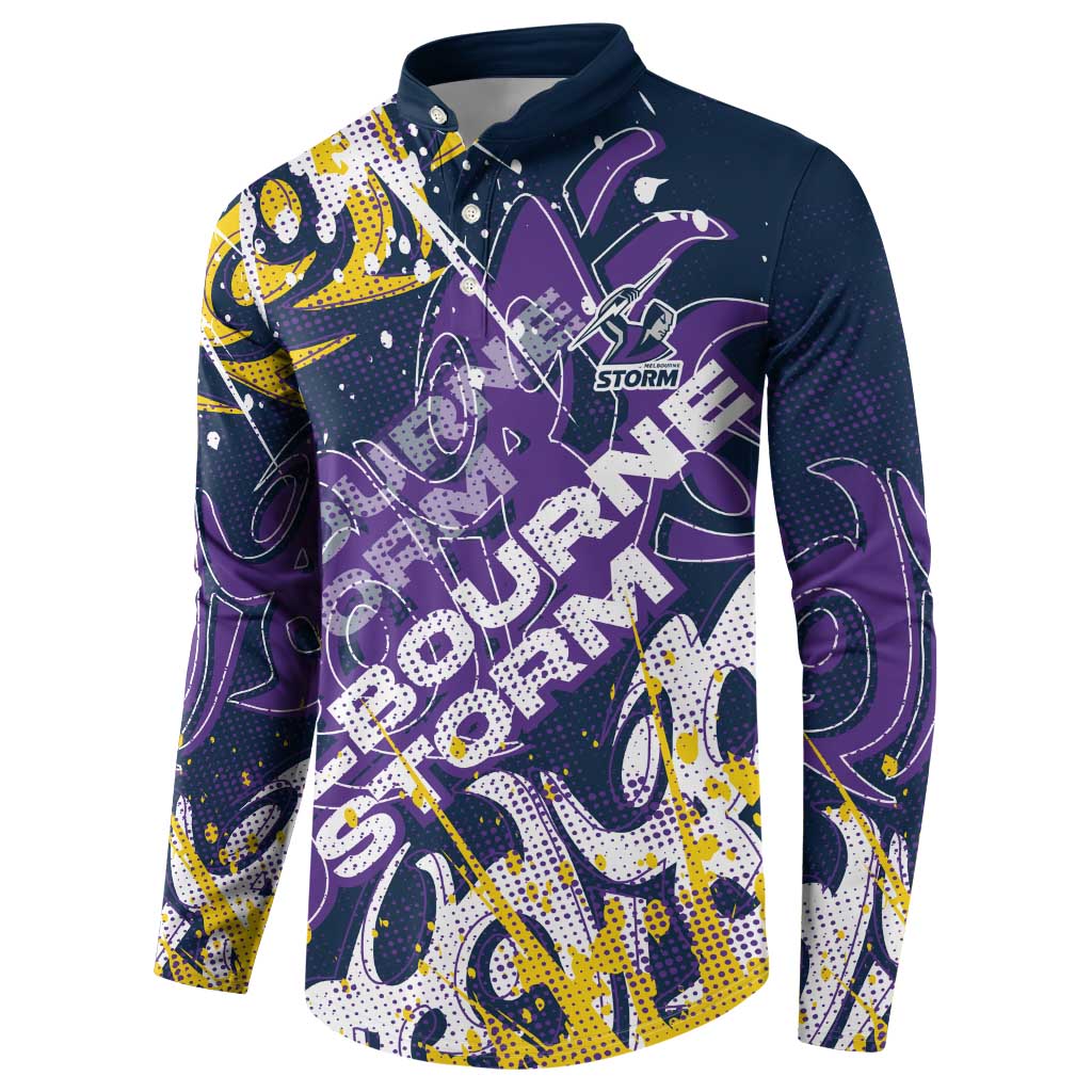 Personalized Melbourne Storm Rugby Button Sweatshirt Urban Street Graffiti Style - Distressed Splatter Elements
