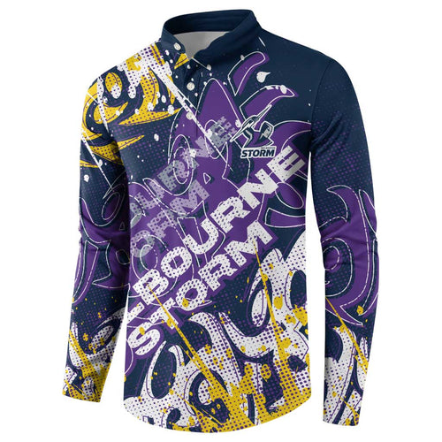 Personalized Melbourne Storm Rugby Button Sweatshirt Urban Street Graffiti Style - Distressed Splatter Elements
