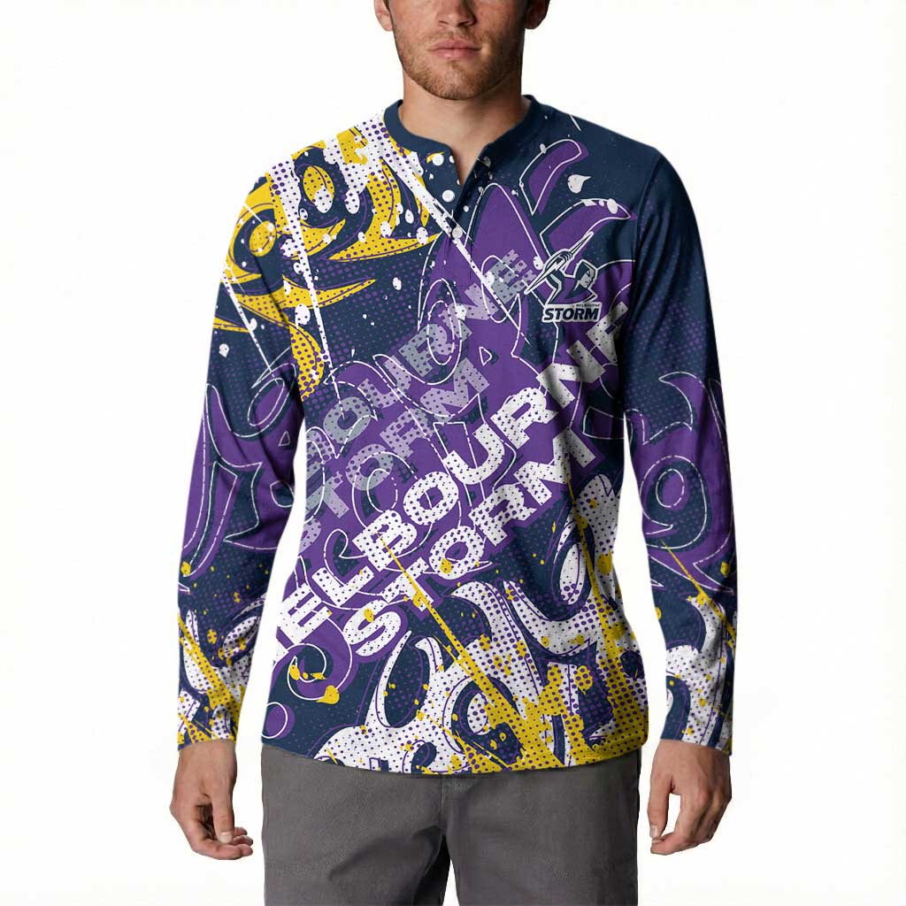 Personalized Melbourne Storm Rugby Button Sweatshirt Urban Street Graffiti Style - Distressed Splatter Elements