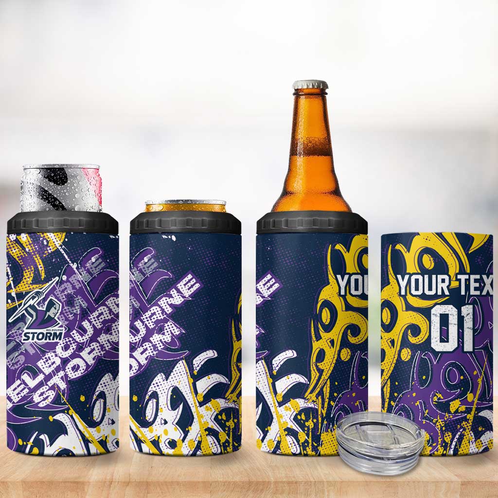 Personalized Melbourne Storm Rugby 4 in 1 Can Cooler Tumbler Urban Street Graffiti Style - Distressed Splatter Elements