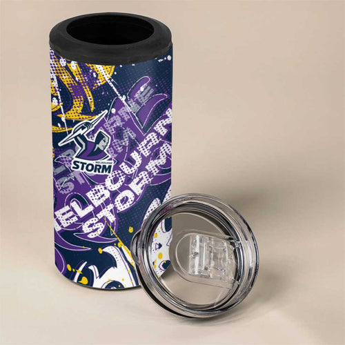 Personalized Melbourne Storm Rugby 4 in 1 Can Cooler Tumbler Urban Street Graffiti Style - Distressed Splatter Elements