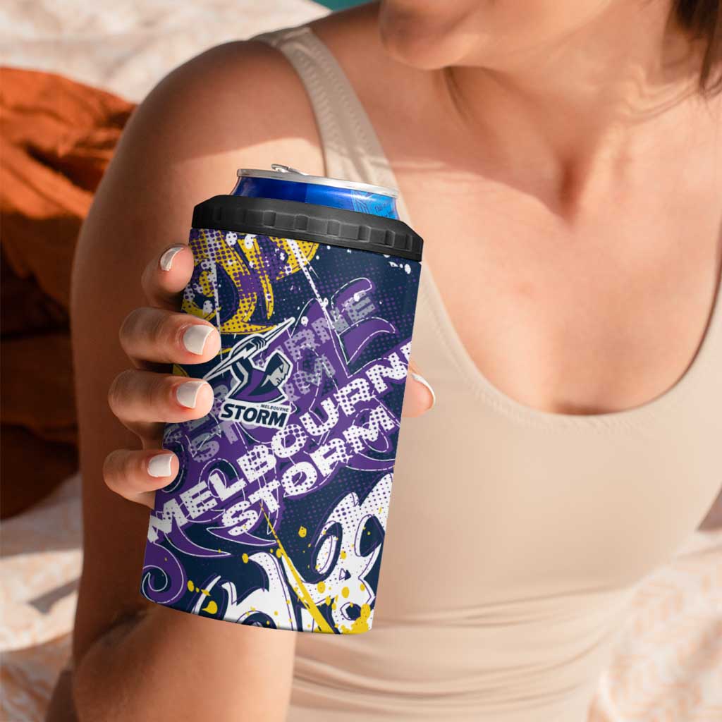 Personalized Melbourne Storm Rugby 4 in 1 Can Cooler Tumbler Urban Street Graffiti Style - Distressed Splatter Elements
