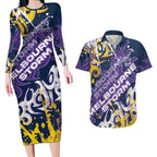 Personalized Melbourne Storm Rugby Couples Matching Long Sleeve Bodycon Dress and Hawaiian Shirt Urban Street Graffiti Style - Distressed Splatter Elements