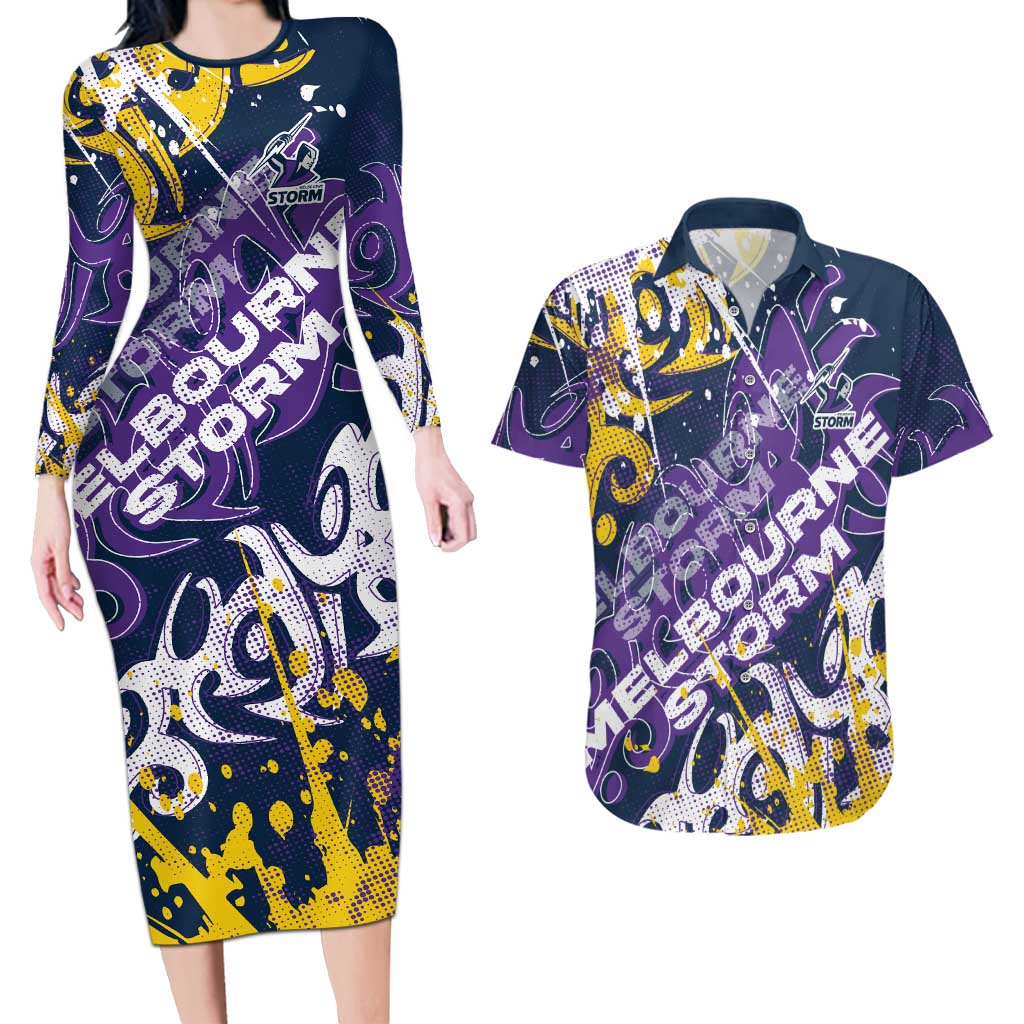 Personalized Melbourne Storm Rugby Couples Matching Long Sleeve Bodycon Dress and Hawaiian Shirt Urban Street Graffiti Style - Distressed Splatter Elements