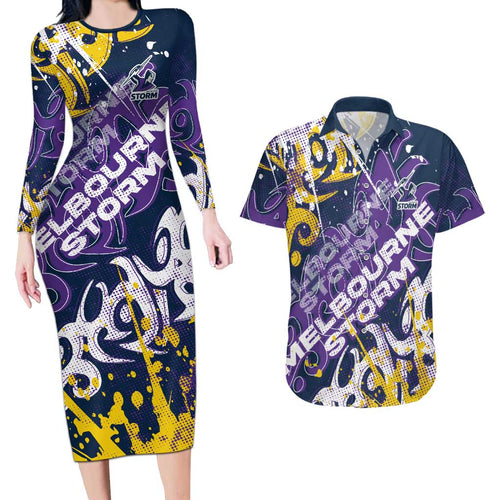 Personalized Melbourne Storm Rugby Couples Matching Long Sleeve Bodycon Dress and Hawaiian Shirt Urban Street Graffiti Style - Distressed Splatter Elements