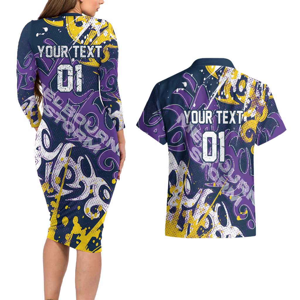 Personalized Melbourne Storm Rugby Couples Matching Long Sleeve Bodycon Dress and Hawaiian Shirt Urban Street Graffiti Style - Distressed Splatter Elements