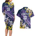 Personalized Melbourne Storm Rugby Couples Matching Long Sleeve Bodycon Dress and Hawaiian Shirt Urban Street Graffiti Style - Distressed Splatter Elements