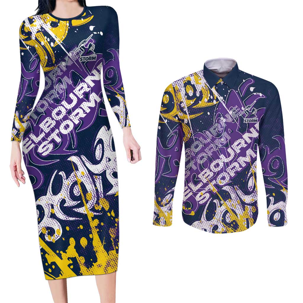 Personalized Melbourne Storm Rugby Couples Matching Long Sleeve Bodycon Dress and Long Sleeve Button Shirt Urban Street Graffiti Style - Distressed Splatter Elements