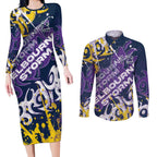 Personalized Melbourne Storm Rugby Couples Matching Long Sleeve Bodycon Dress and Long Sleeve Button Shirt Urban Street Graffiti Style - Distressed Splatter Elements