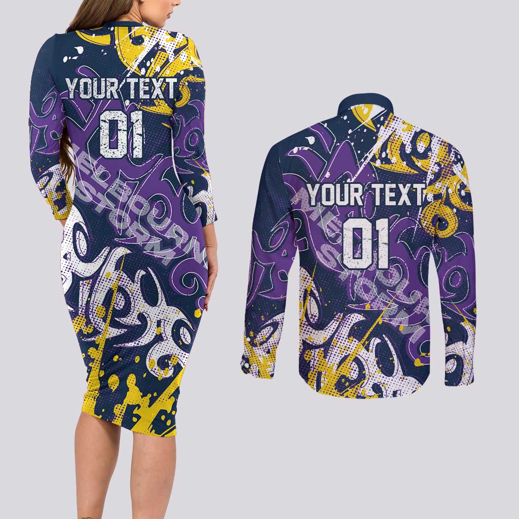 Personalized Melbourne Storm Rugby Couples Matching Long Sleeve Bodycon Dress and Long Sleeve Button Shirt Urban Street Graffiti Style - Distressed Splatter Elements
