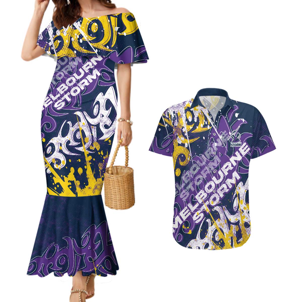 Personalized Melbourne Storm Rugby Couples Matching Mermaid Dress and Hawaiian Shirt Urban Street Graffiti Style - Distressed Splatter Elements