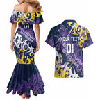 Personalized Melbourne Storm Rugby Couples Matching Mermaid Dress and Hawaiian Shirt Urban Street Graffiti Style - Distressed Splatter Elements