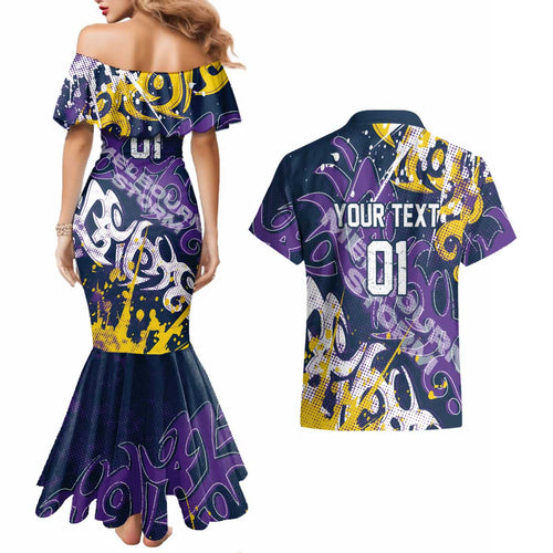 Personalized Melbourne Storm Rugby Couples Matching Mermaid Dress and Hawaiian Shirt Urban Street Graffiti Style - Distressed Splatter Elements