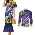 Personalized Melbourne Storm Rugby Couples Matching Mermaid Dress and Long Sleeve Button Shirt Urban Street Graffiti Style - Distressed Splatter Elements
