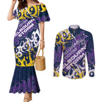 Personalized Melbourne Storm Rugby Couples Matching Mermaid Dress and Long Sleeve Button Shirt Urban Street Graffiti Style - Distressed Splatter Elements