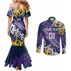 Personalized Melbourne Storm Rugby Couples Matching Mermaid Dress and Long Sleeve Button Shirt Urban Street Graffiti Style - Distressed Splatter Elements