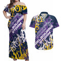 Personalized Melbourne Storm Rugby Couples Matching Off Shoulder Maxi Dress and Hawaiian Shirt Urban Street Graffiti Style - Distressed Splatter Elements
