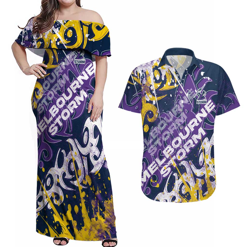 Personalized Melbourne Storm Rugby Couples Matching Off Shoulder Maxi Dress and Hawaiian Shirt Urban Street Graffiti Style - Distressed Splatter Elements