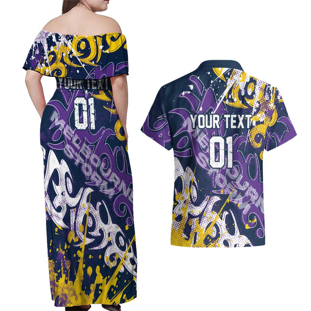 Personalized Melbourne Storm Rugby Couples Matching Off Shoulder Maxi Dress and Hawaiian Shirt Urban Street Graffiti Style - Distressed Splatter Elements